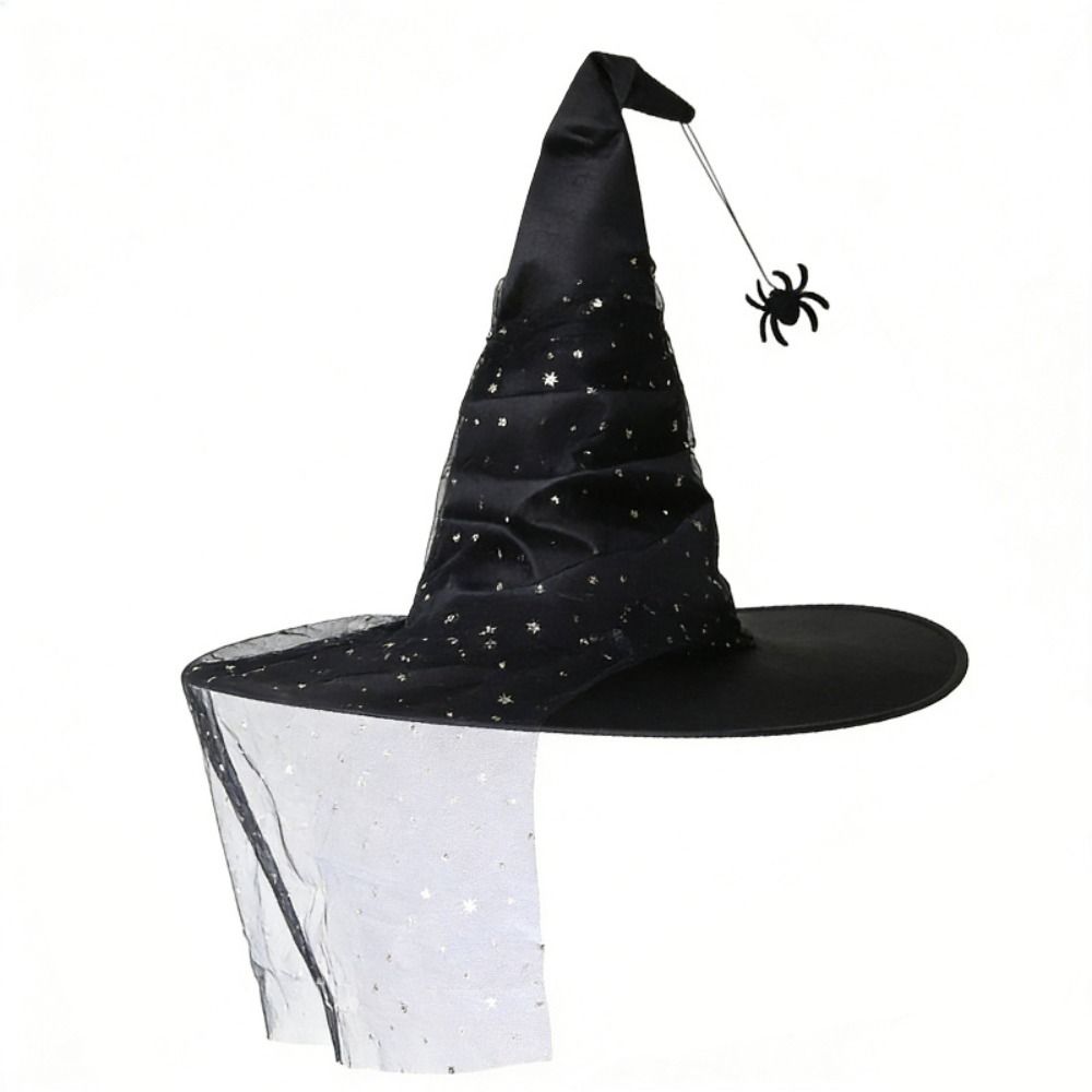 Mesh Yarn Cover Halloween Witch Hat With Veil Cosplay Accessories Pointed Mage Hat Masquerade Ball