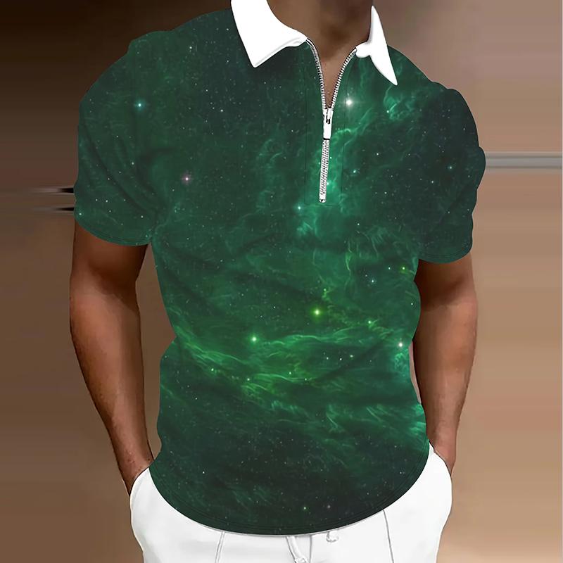 Pánské tričko Polo Ležérní Zip Krátký rukáv Módní Ležérní Zip Léto Jaro Běžný střih 3D Potisk hvězdné oblohy tričko