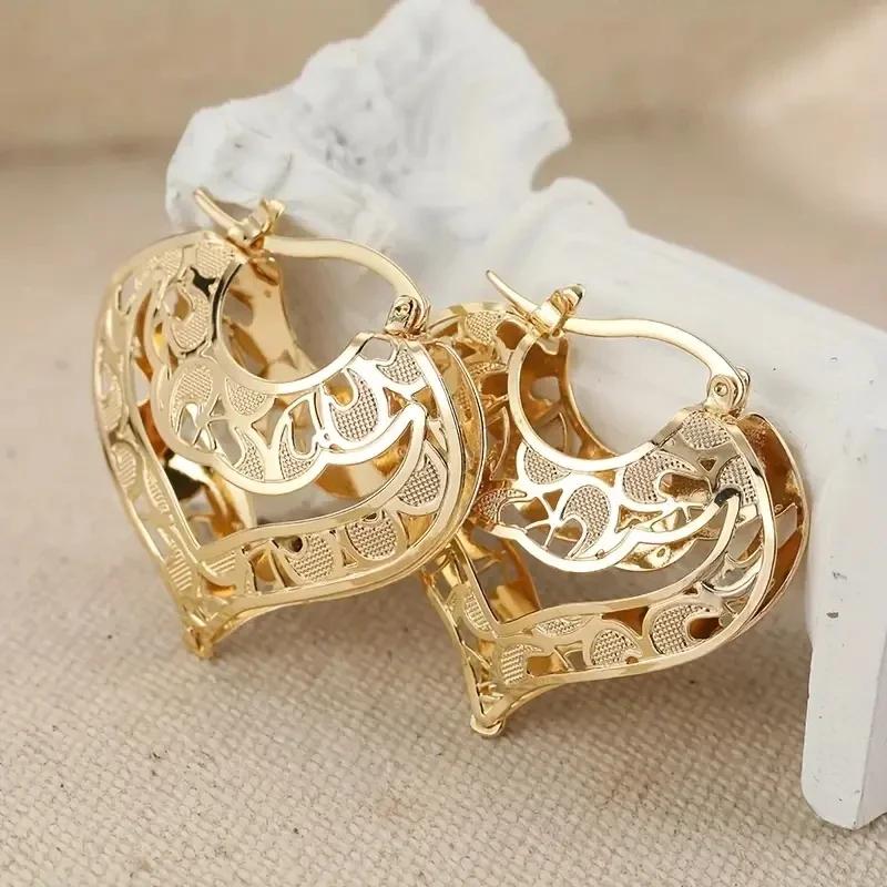 Vintage Ethnic Hand-carved Heart-shaped Gold Color Earrings Ladies Fashion Creative Jewellery Accessories Holiday Party Gifts
