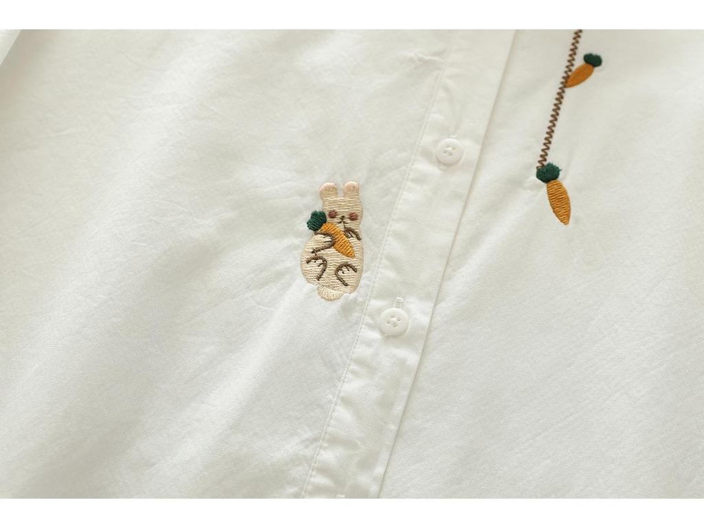 Women's Pure Cotton Flannel Long-Sleeve Shirt with Rabbit Embroidery - Warm, Thickened, Autumn/Winter Design