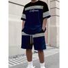 Herren Sommer atmungsaktiv und bequem Rundhals T-Shirt Top Shorts Set mit Streifenmusterdruck Outdoor zweiteiliges Set