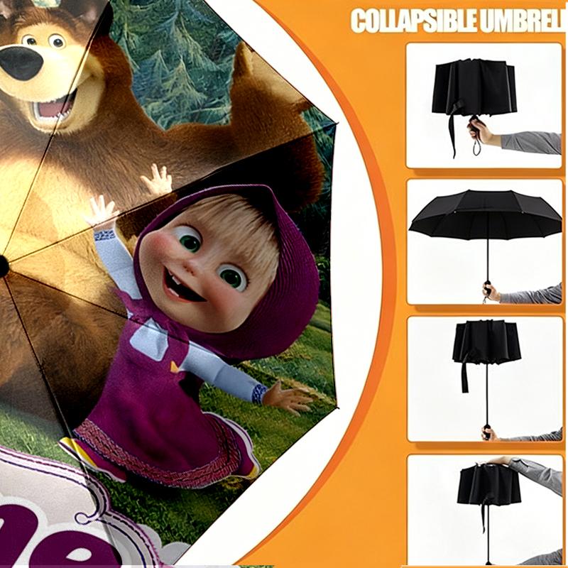 Custom Name Personalized Masha and The Bear Print Umbrella, Auto Open Close, 8‑Rib Sturdy Frame, Commute Camping Hiking Use, Birthday Gift