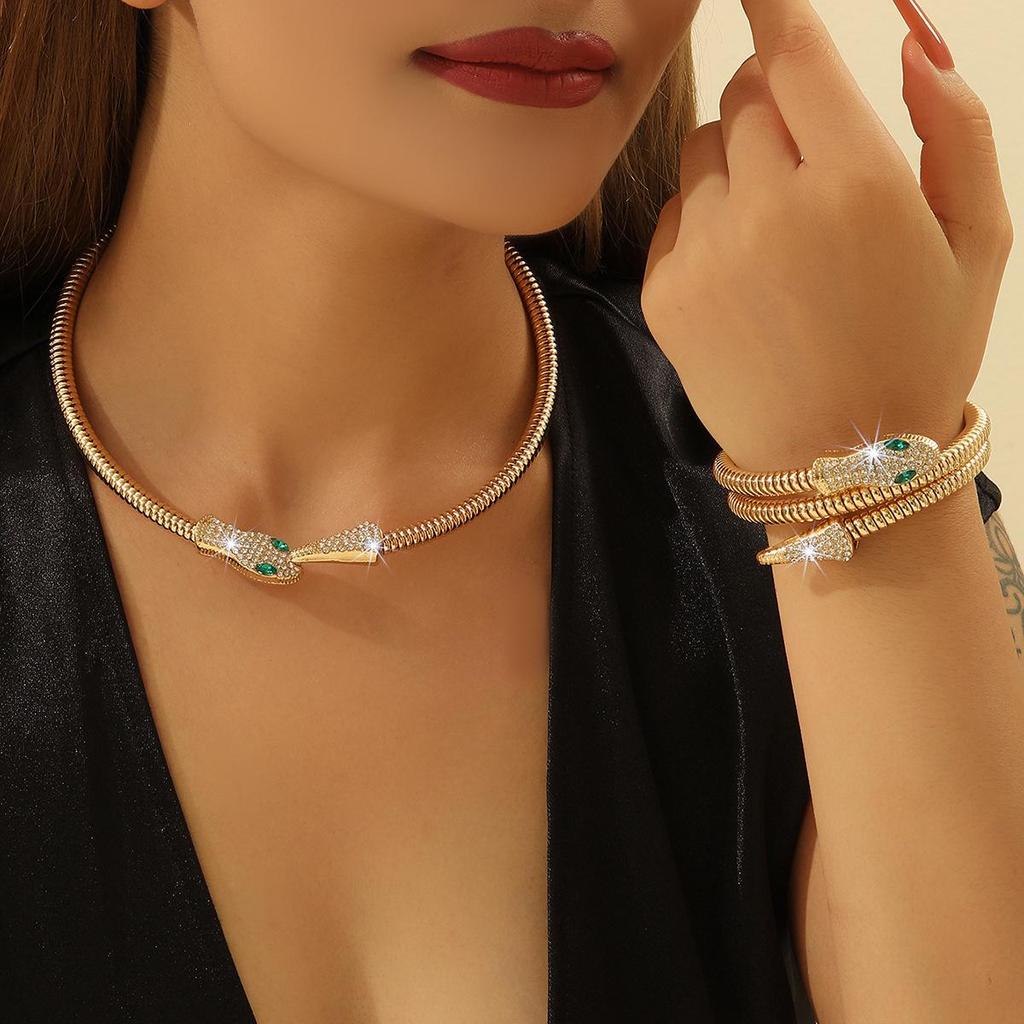 Exaggerated Punk Middle Eastern Metal Snake-Shaped Diamond Choker & Bracelet Set for Women, Sold Separately