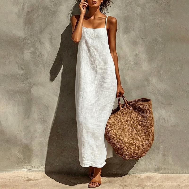 New summer clothing, European and American women's clothing, casual vacation style solid color suspender dress, long dress for women