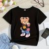 Children Crew Neck Short Sleeve T-Shirt with Cartoon Bear Backpack Print