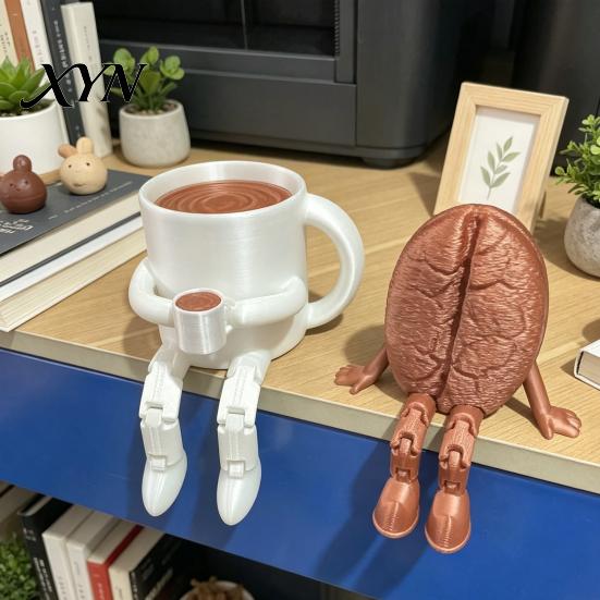 Compact Structure Sculpture 3D Printed Articulated Coffee Cup Figure, Movable Joint Desk Statue, Cute Versatile Room Decoration Bean Ornament,