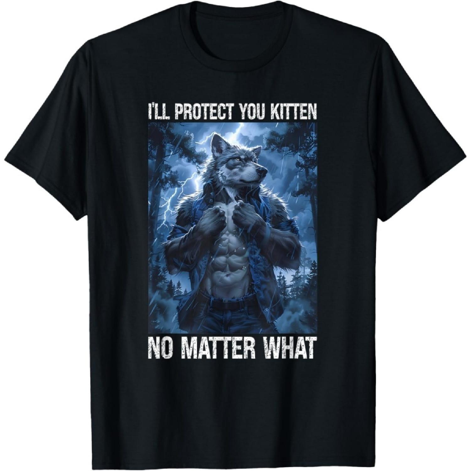 

SHANGCHEN Ill Protect You Kitten Werewolf Meme Cringe Alpha Wolf T-Shirt XXXXXL чорний