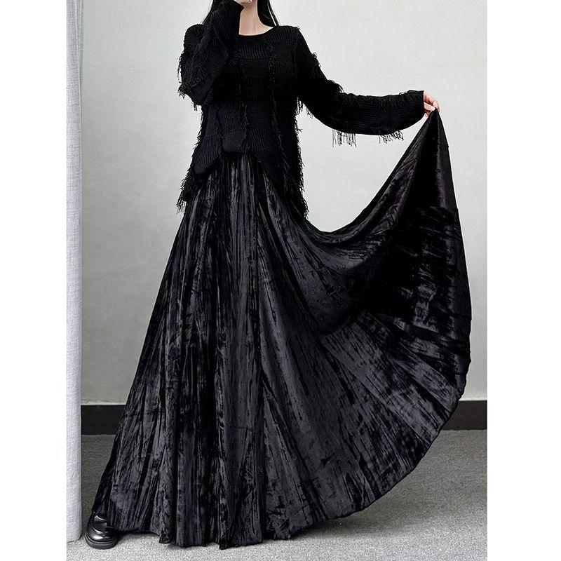 Autumn-Winter Velvet High-Waist Long Skirt - Women's Chinese Style Umbrella Design