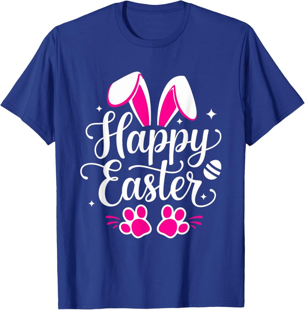 Happy Easter Bunny Paw Print Graphic Tee Casual Short Sleeve T-Shirt Daily Wear