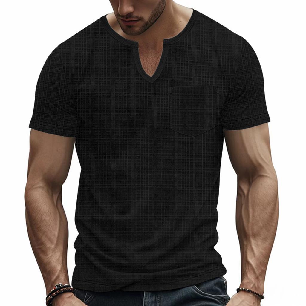 Men’s Short Sleeve Henley T Shirt with Chest Pocket Casual Lightweight Textured Fabric Notched Neckline Top