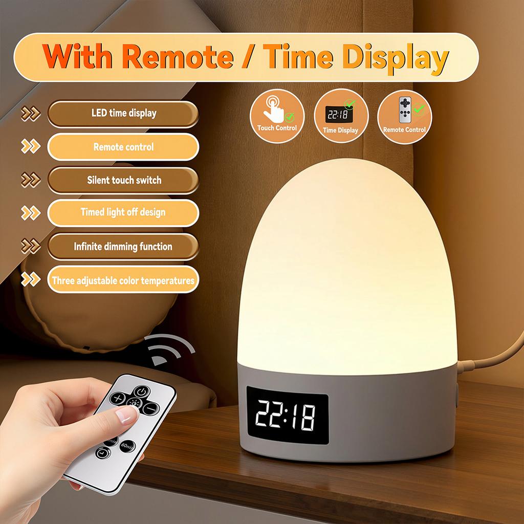 Touch Night Light Rechargeable 3 Color Dimmable Bedside Lamp Time Display USB LED Night Lights Ambient Soft Light for Kids Gift