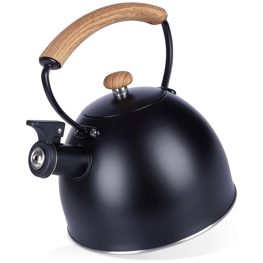Black Steel Kettle with Whistle for Boiling Water on the Stove