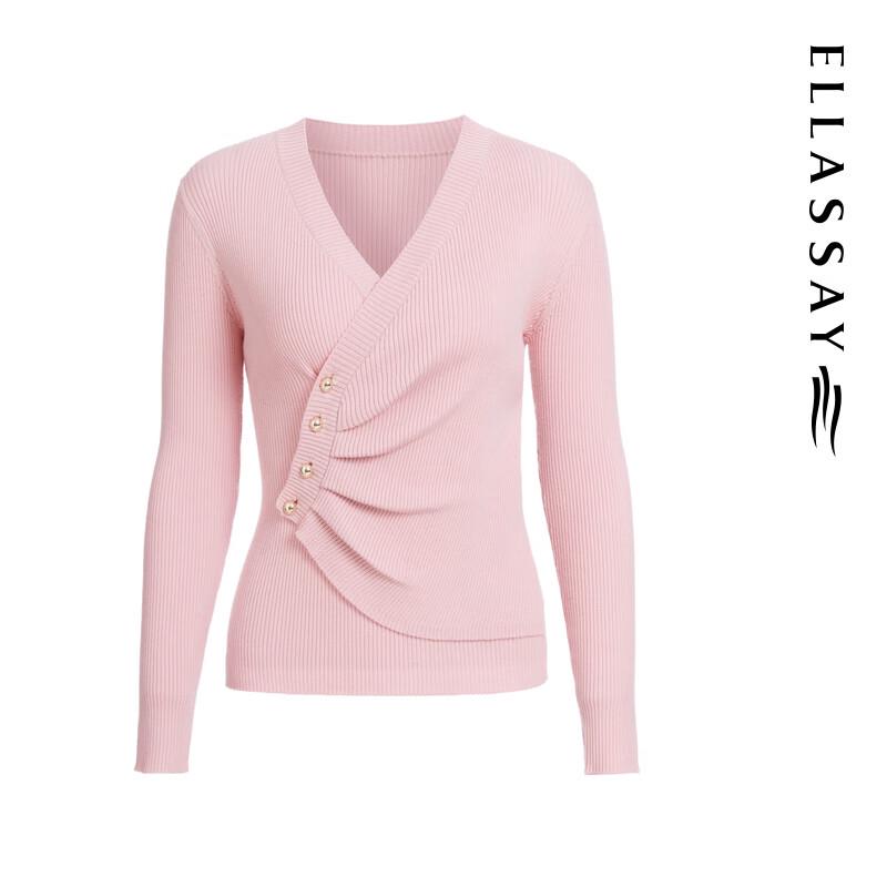 ELLASSAY Women's 2024 Autumn Merino Wool V-Neck Pleated Waist Knit Sweater