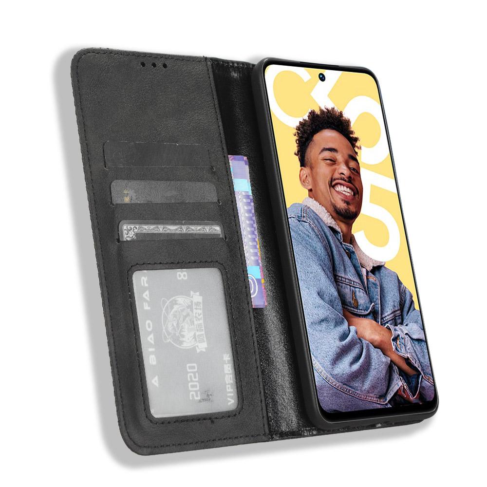 

For Realme C55/Narzo N55 4G Retro Magnetic Absorption Flip Stand Cover PU Leather Wallet Phone Case Black