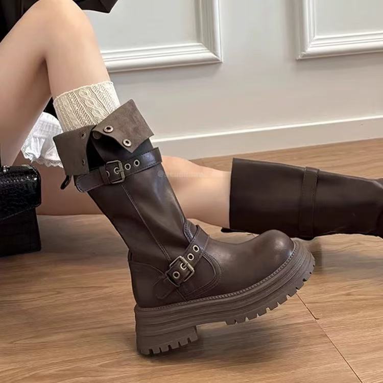 Spot version~ Leather thick-soled Maillard boots women's 2025 spring and autumn retro velvet versatile tall knight boots