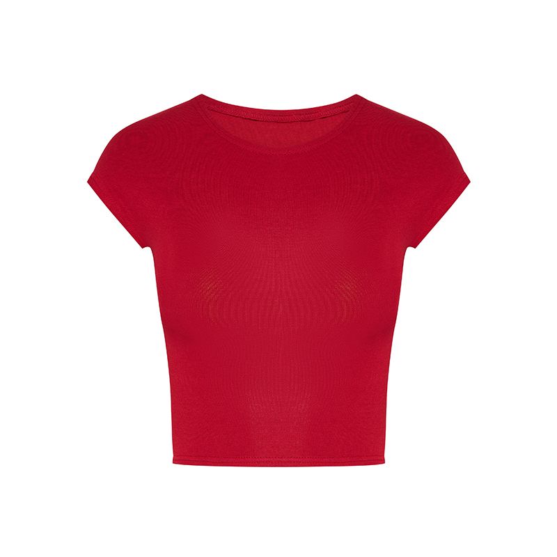 American Style Sexy Pure Desire Style round Neck Shoulder Short Sleeve T-shirt Female Summer Apricot Silm Slim Looking Short Midriff-Baring Top