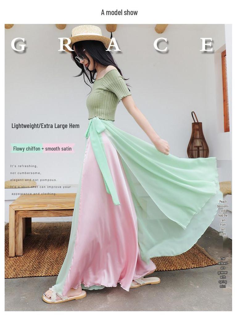 Two-Tone Satin Chiffon Lace-up Dance Midi Skirt for Women