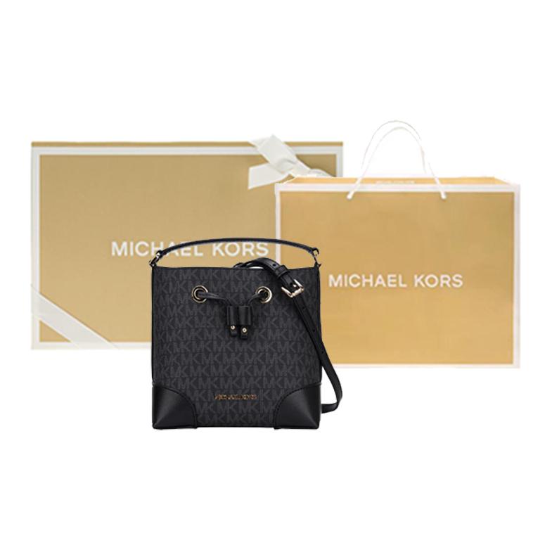 Michael Kors MK Mercer 18 Classic Monogram Drawstring Closure Canvas Bucket Bag Women Handbags Black 35F2GM9M1B-BLACK