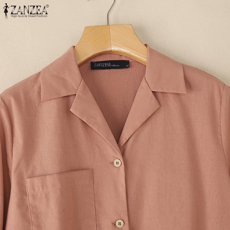 ZANZEA Women Turn Down Collar Loose 3/4 Sleeve Cotton Blouse