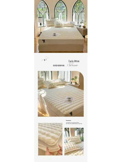 Class A Extra Thick Rabbit Fur Plush Fitted Sheet Set: Milk Velvet Bedspread, Winter Foldable Coral Fleece Mattress Cover