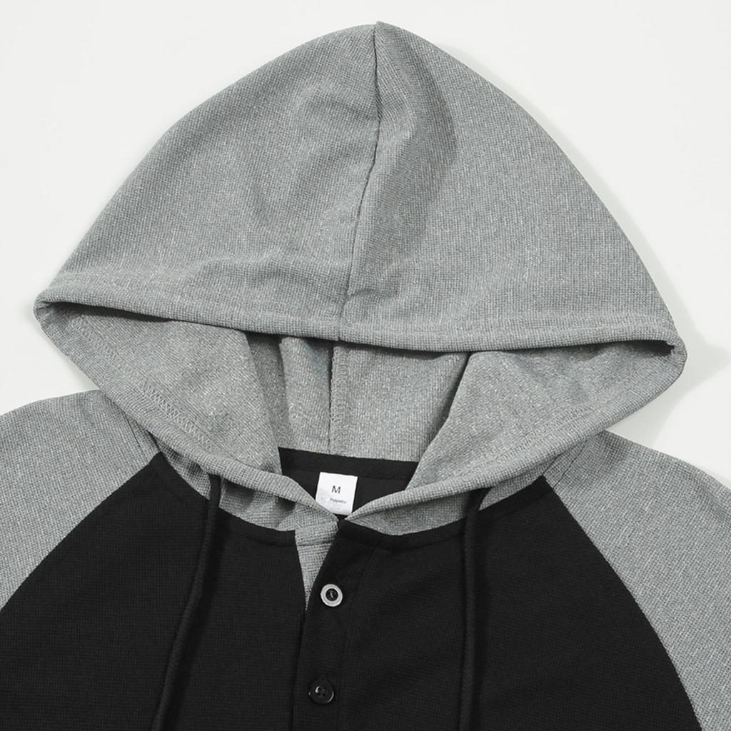 Men's Raglan Sleeve Colorblock Button Collar Hooded Sweatshirt Men's Sports Large Size Casual Pullover Sweatshirt