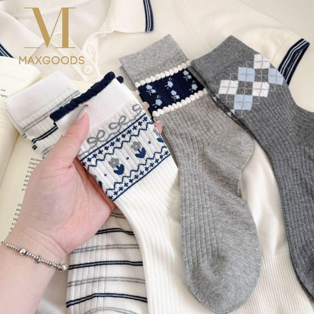 New Korean Style Cotton Socks Small Flower Light Mid-calf Socks Grey Checkered Breathable Boneless Pile Socks Spring Summer