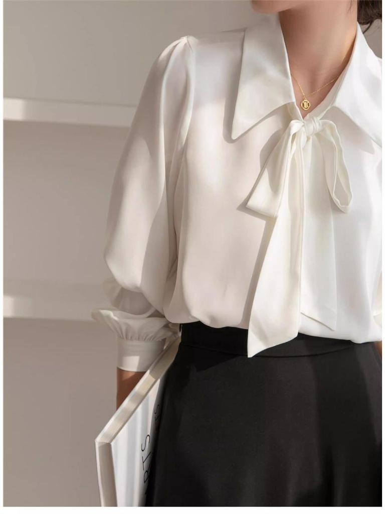 Women's Professional Chiffon Bow Shirt - Long Sleeve White Formal Top for Workplace and Interview