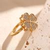 Exquisite Shining Full of Zircon Four-leaf Flower Rotatable Stainless Steel Adjustable Opening Rings for Women Designer Jewelry