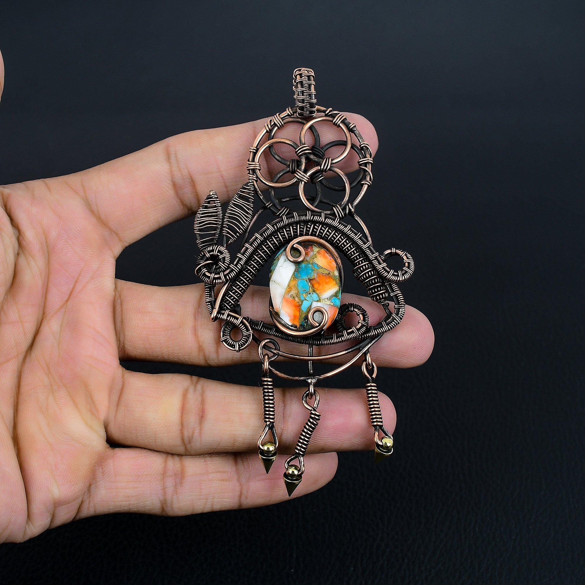 

Orange Spiny Oyster Pendant, 999 Copper Wire Wrapped Gemstone Jewelry, Handmade Pendant Amazing Jewelry, Gift For Her 2.55 Inches