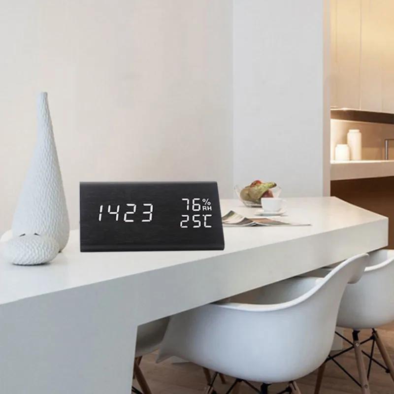 Nowoczesny cyfrowy budzik led z drewna kontrola dźwięku kryty termometr higrometr czas dekoracja biurka