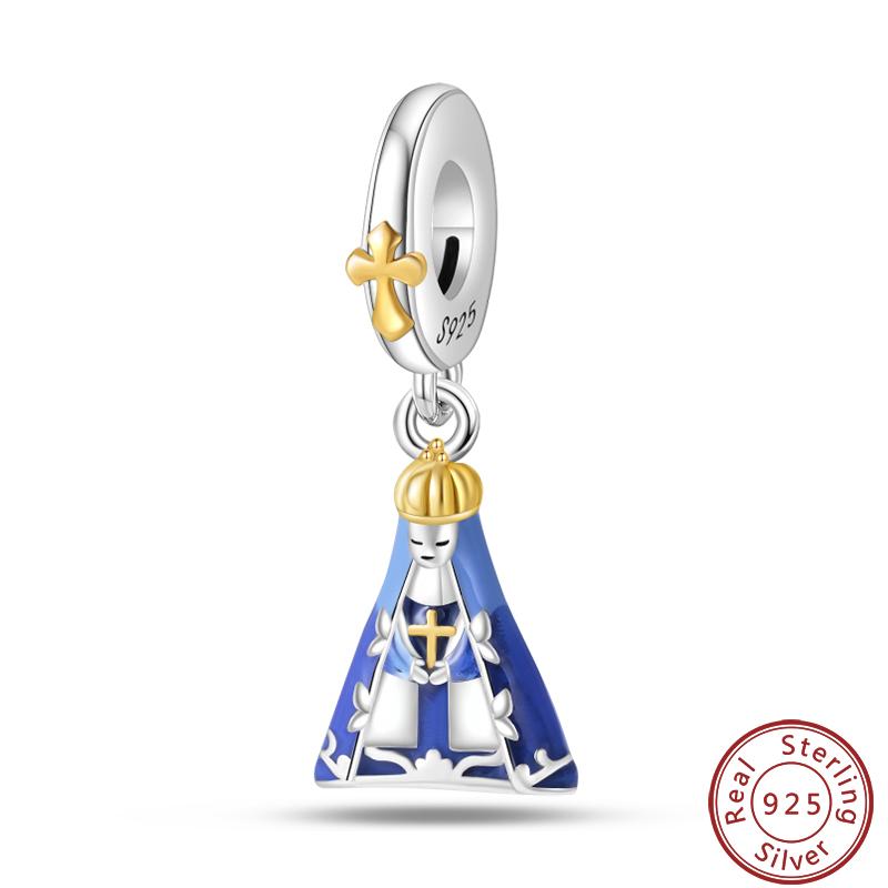 925 Silver Virgin Mary Deep Blue Golden Goddess Beautiful Blessing Charms Beads 3mm DIY Fine Jewelry Making