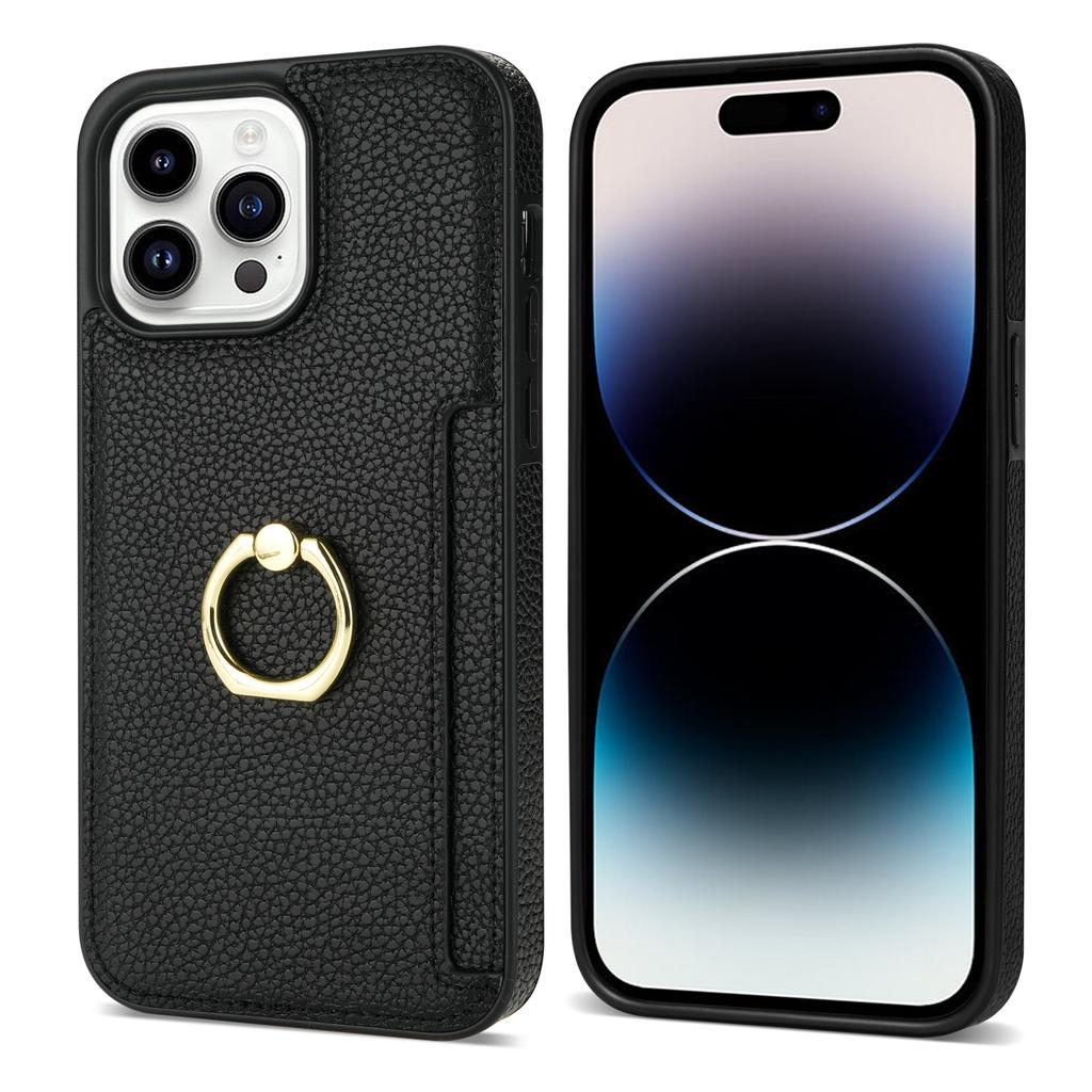 Ring Holder Card Solt Leather Wallet Phone Case for IPhone 15 14 13 12 11 Pro Max XS XR X 7 8 Plus SE 2026 Litchi Stand Cover