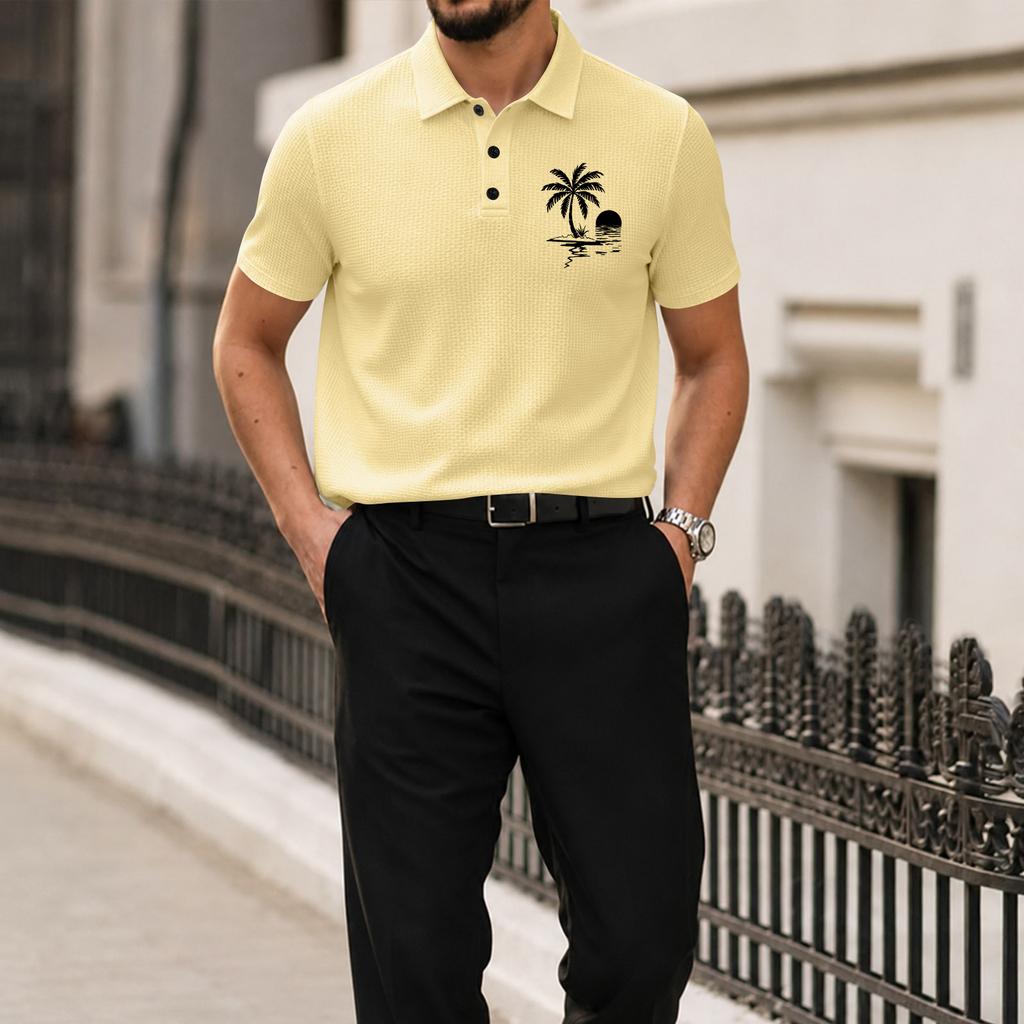 Men Short Sleeve Polo Shirt with Turn Down Collar and Printed Pattern Lightweight Breathable Casual Summer Top