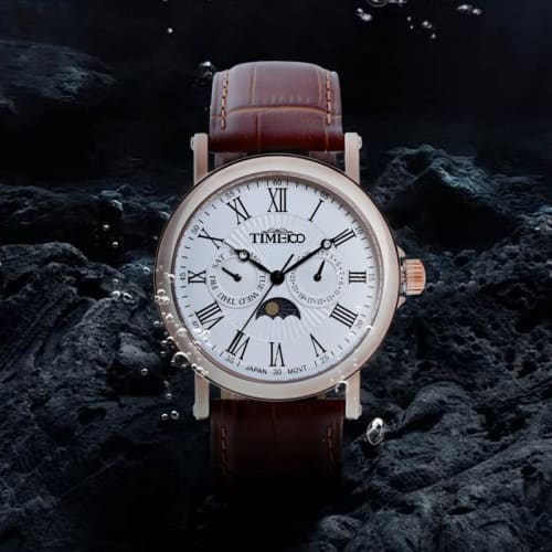 Time100 Men's Watch with Date, Day of the Week, and Day/Night Display, Made In Japan Movement, Brown Leather Strap, Rose Gold, for Businessmen and Adu