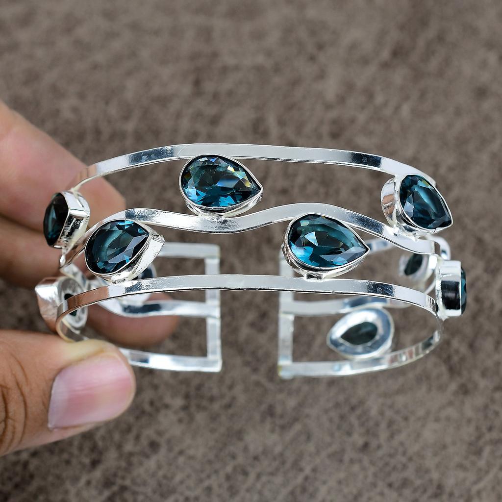 Iolite Quartz Gemstone Handmade 925 Sterling Silver Cuff Bangle Adjustable KKG-197