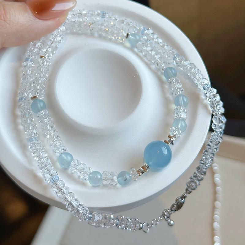 

Bee Mom Handmade Large Sea Blue Agate White Crystal Necklace for Women, High-end Light Luxury Elegant Collarbone Chain for Summer Large sea blue chalcedony