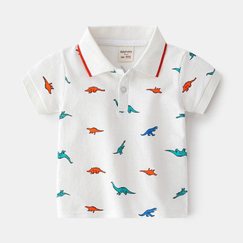 Children's Clothing Summer Boys' Polo Shirt Short-Sleeved T-shirt Baby Boys' Dinosaur Print Tops Kids Lapel Seaside Clothes