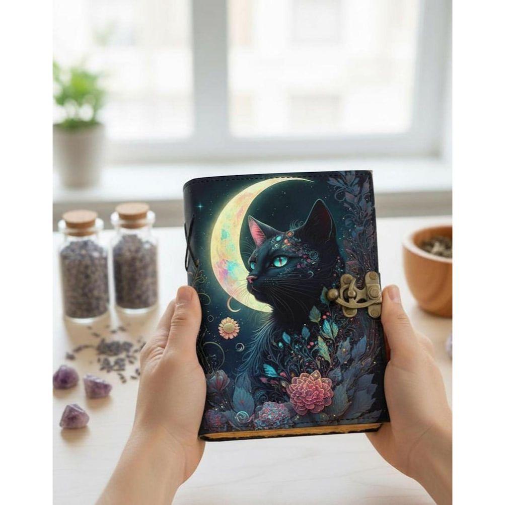 Cat Moon Leather Journal: Vintage Look Grimoire Book of Shadows