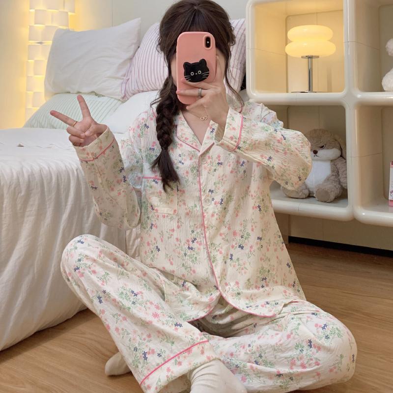 Sweet Cute Flower Print Women's Pajamas Set Button Lapel Neck Design Sleepwear for Sleeping New Autumn Winter Soft Nightwear