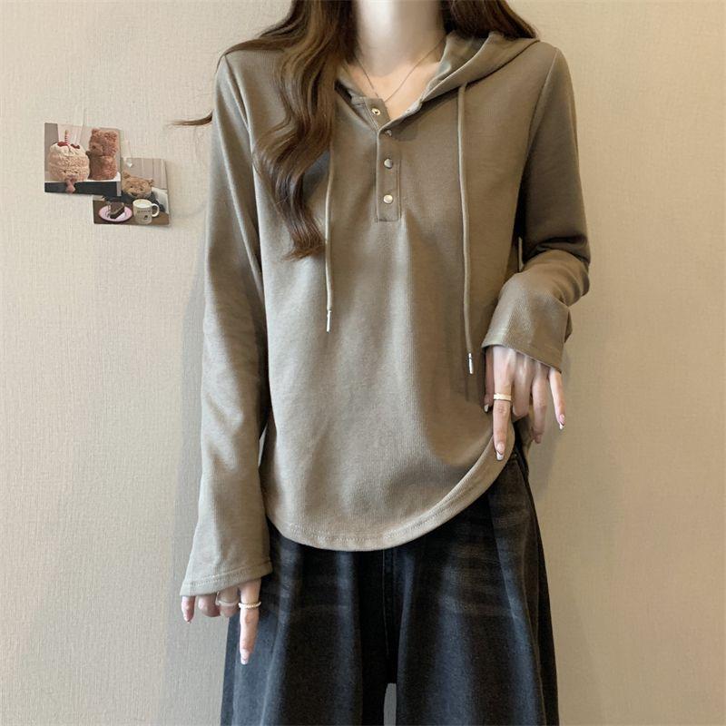 Plus Size Women Casual Hooded Long Sleeve Solid T Shirt Top
