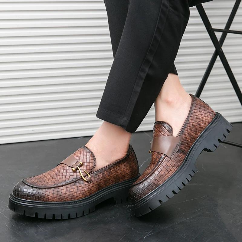 Men Leather Casual Dress Shoes Platform Loafers Slip-on High Quality Thick Bottom Height Increasing Shoes Oxfords Wedding Shoes