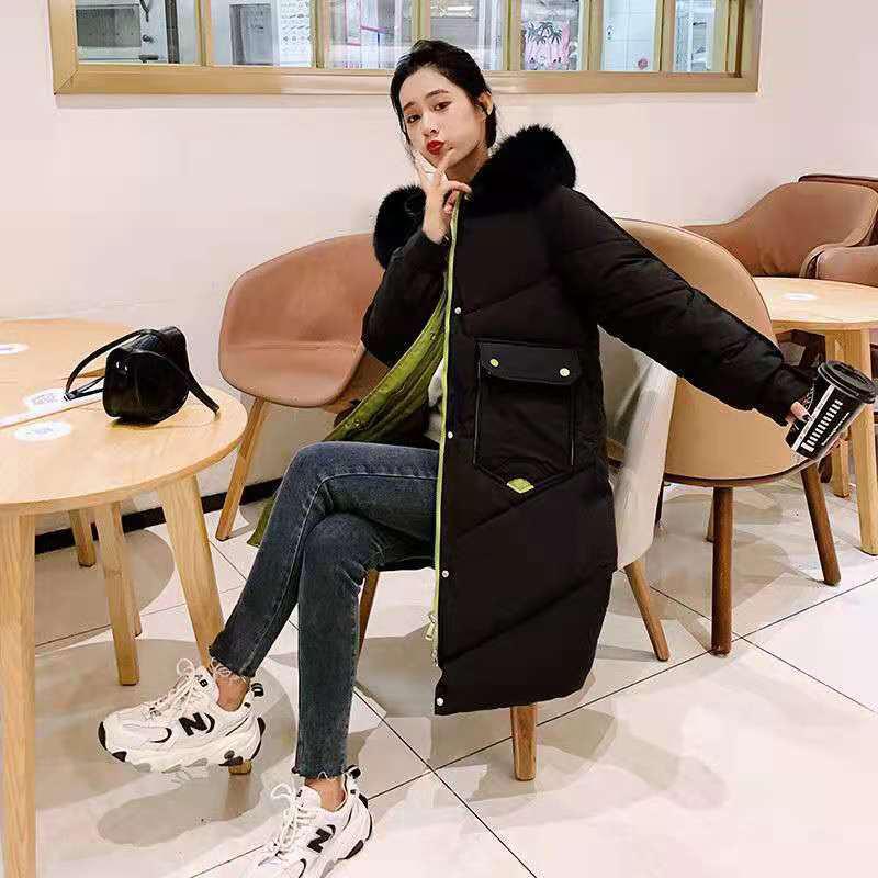 Knee-length Paragraph Cotton Jacket Winter Women Thickened Cotton Jacket Korean Version of Loose Hair Collar Splicing Bread Clothes