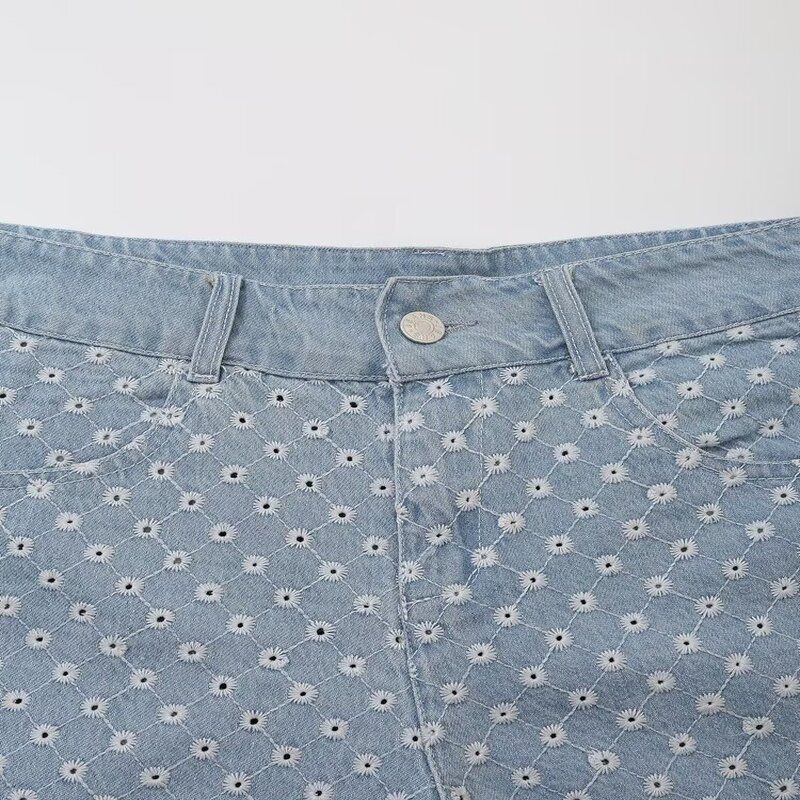 Fashion Style 2024 Autumn New Women's Clothing Mid-Rise Waist Hollow Embroider Casual All-Matching Denim Shorts 6147118