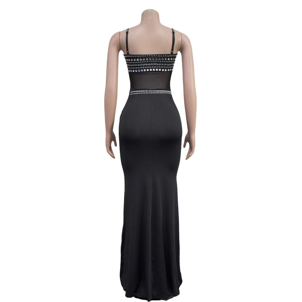 C6989 European & American Fashion Women's Rhinestone Mesh Long Dress