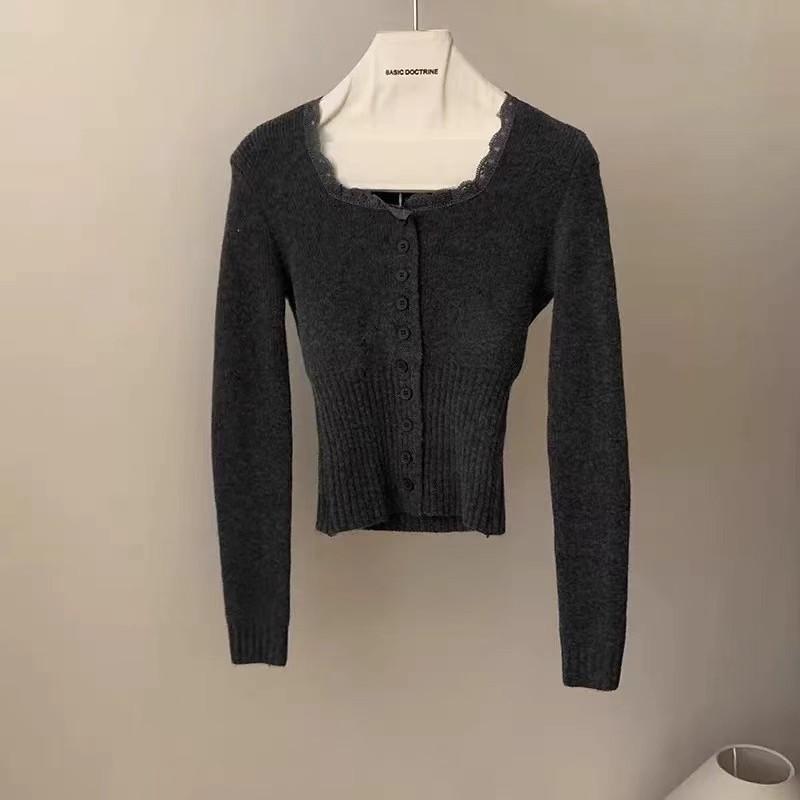 Sweet and Cool Lace Patchwork Round-neck Button Cardigan Long-sleeved Sweater for Women's Autumn Slim-fit Knitted Top