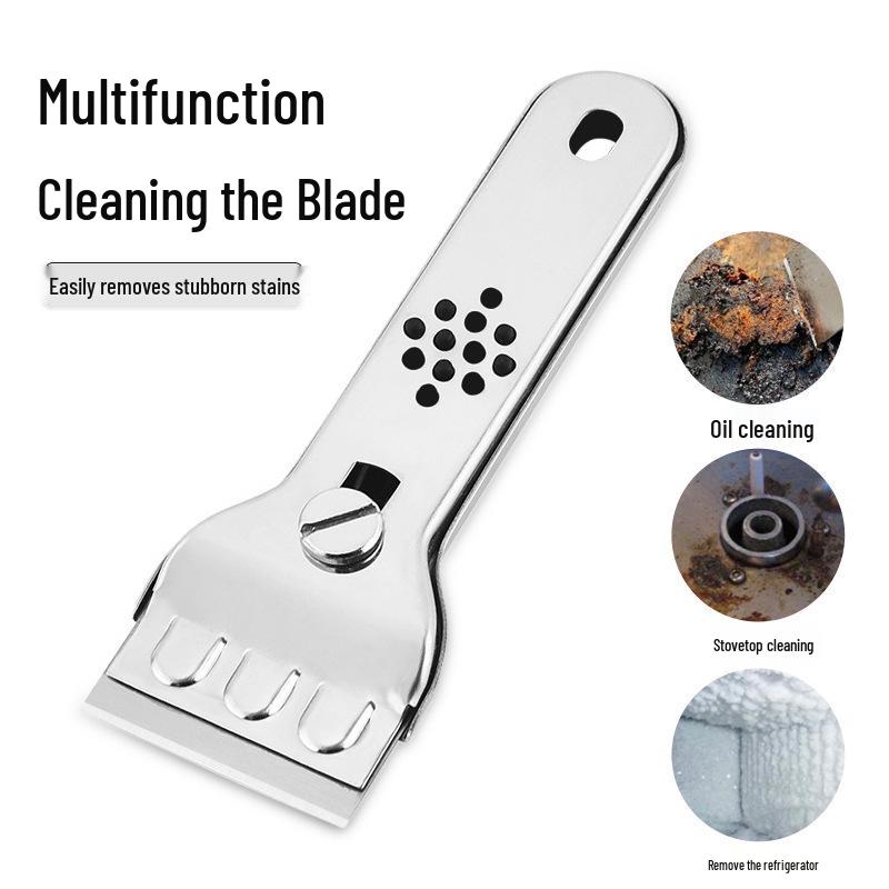 Eis- und Fleckenentferner-Schaber aus Edelstahl mit Ersatzklingen zur Reinigung von Kühlschrank und Kochfeld.