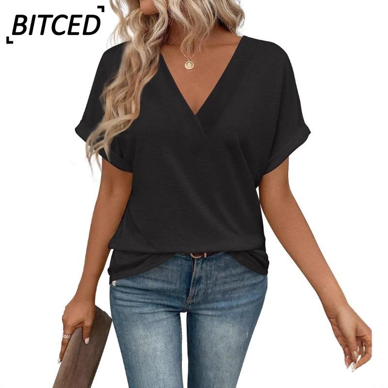 BITCED Women's Fashion Casual Solid Color Print Short Sleeve V Neck Blouses & Shirts International Design