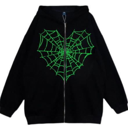 Colored Spider Web Street Hip Hop Gothic Harajuku Y2k Black Zipper Hoodie Women, Harajuku Jacket Sweater Women