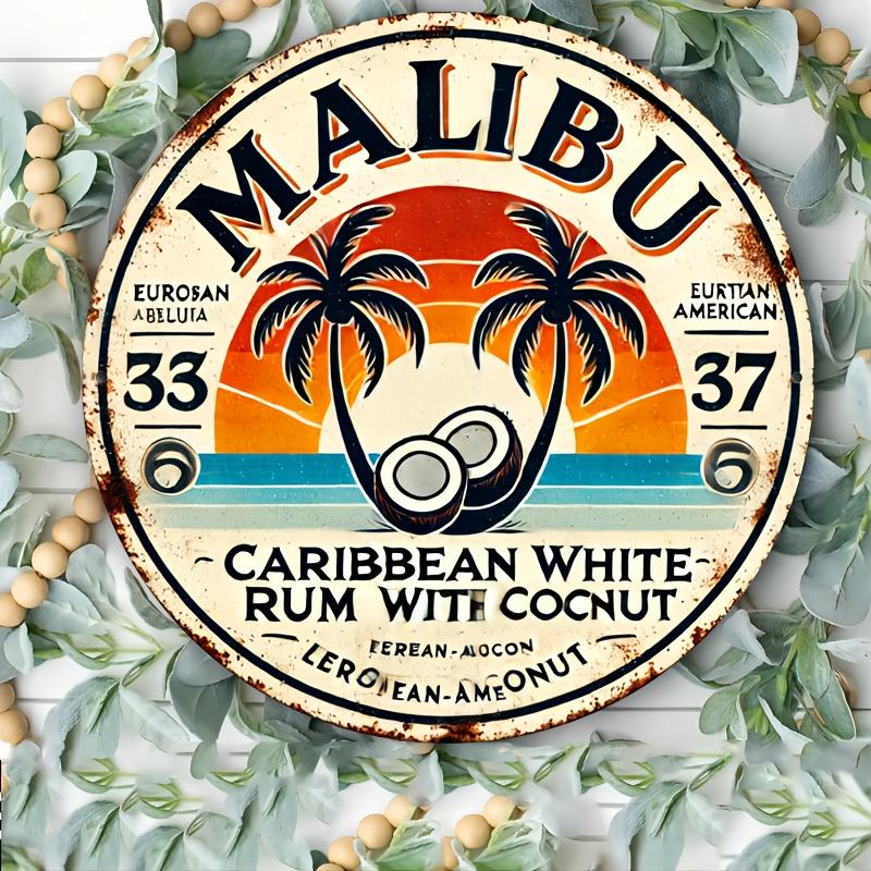 Vintage Malibu Rum Kokosový Hliníkový Nástěnný Značka Retro Tropická Dekorace s Palmami Design Západu Slunce Perfektní pro Domácí Bar