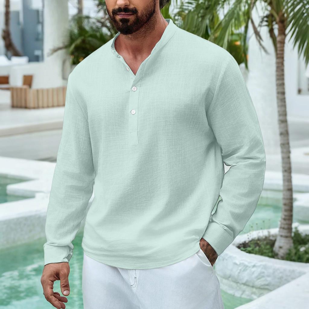 Men's Casual Stand Collar Half Door Cylinder Color Knot Cotton Linen Long Sleeve Shirt